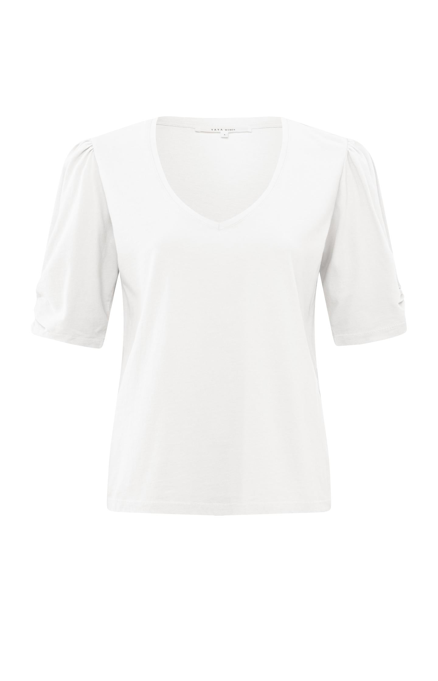 T-shirt with V-neck, half long sleeves and gathered seams - Blanc De Blanc White - Type: product