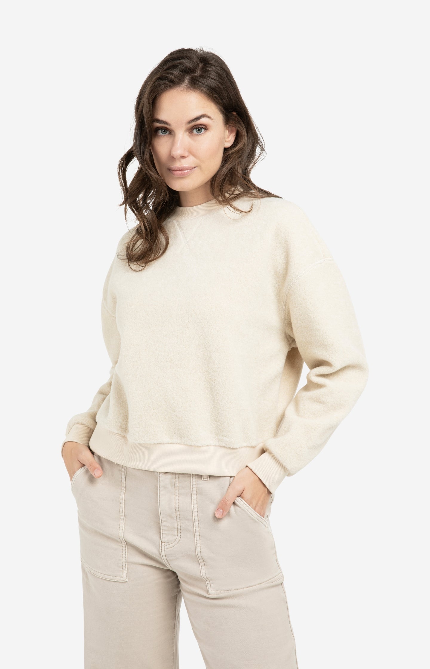 Teddy sweater with ribbed trims and round neckline