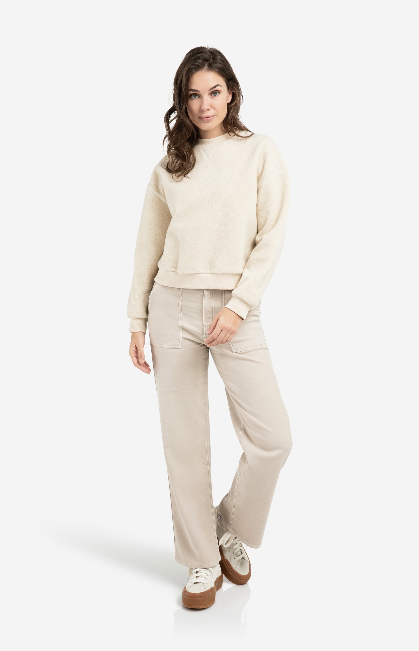 Teddy sweater with ribbed trims and round neckline