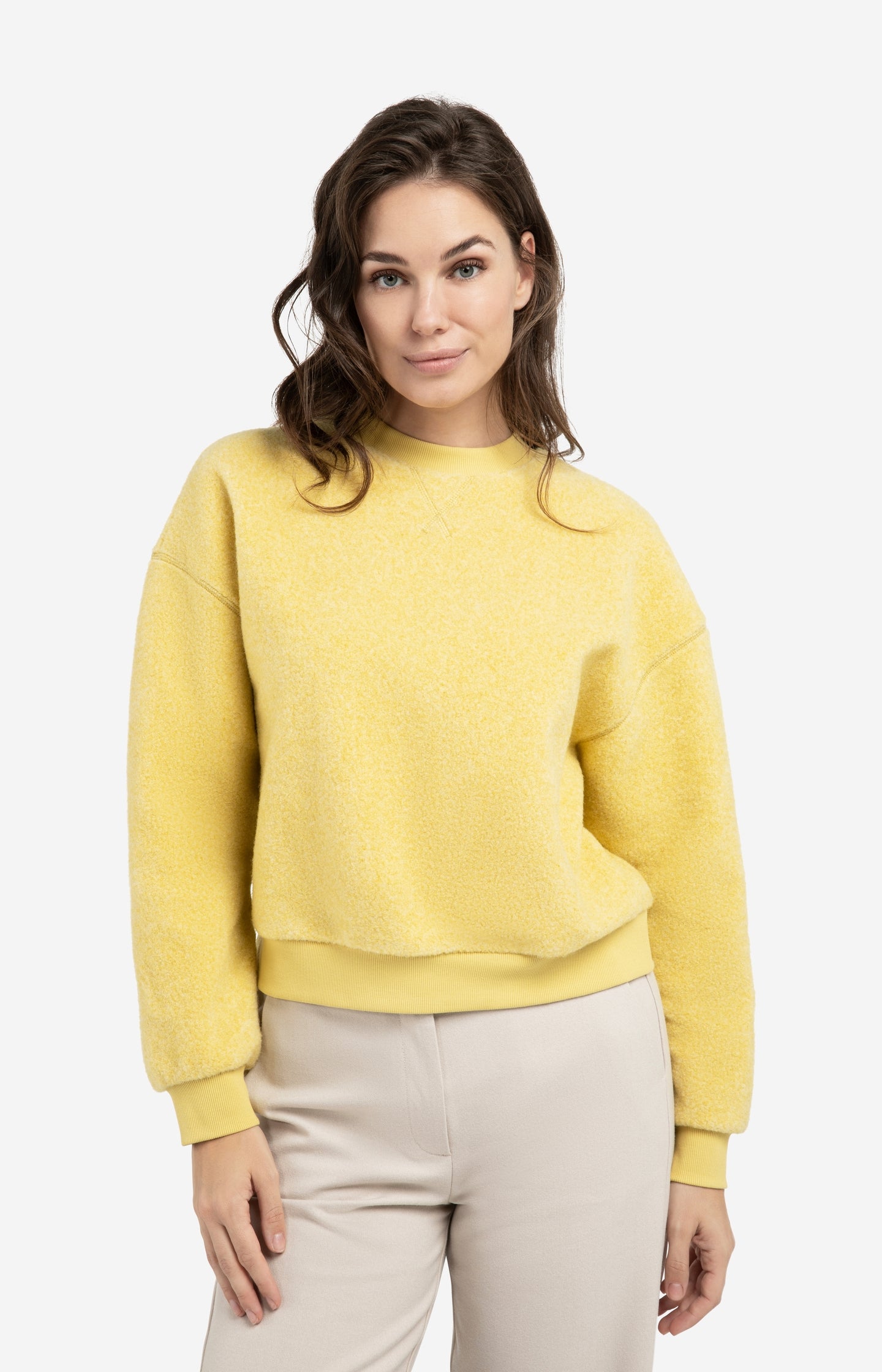 Teddy sweater with ribbed trims and round neckline