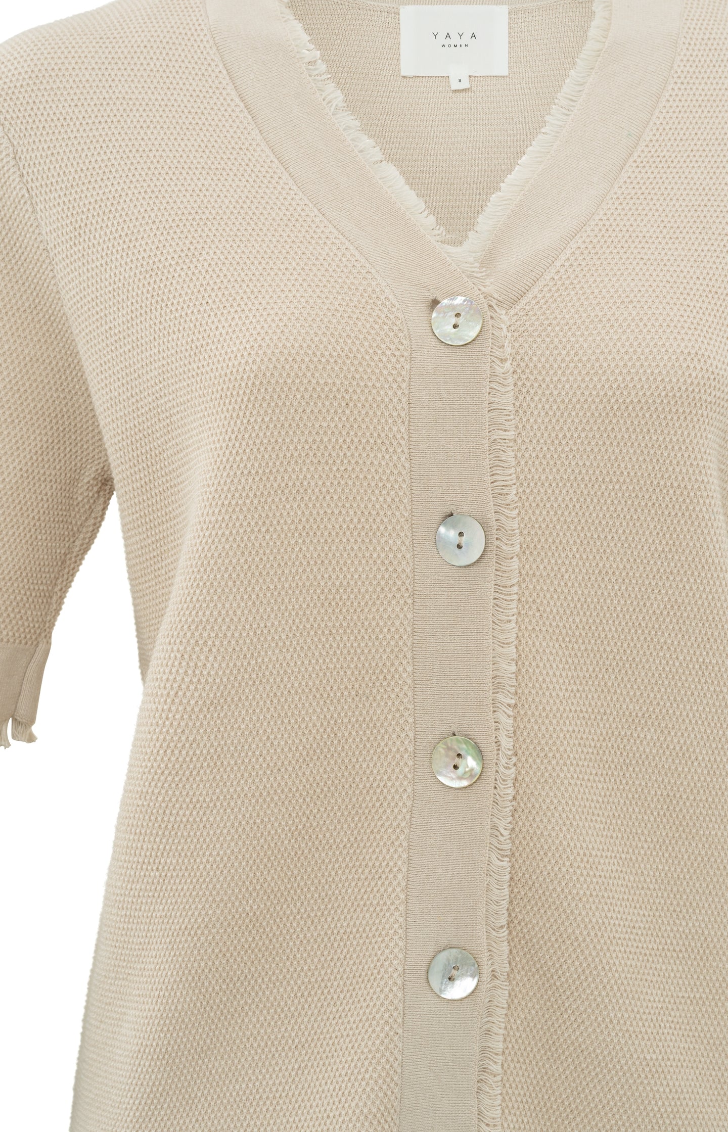 Textured cardigan with V-neck, half long sleeves and buttons