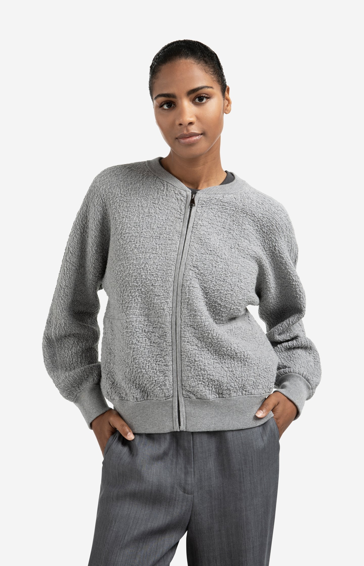 Textured knitted bomber with long sleeves