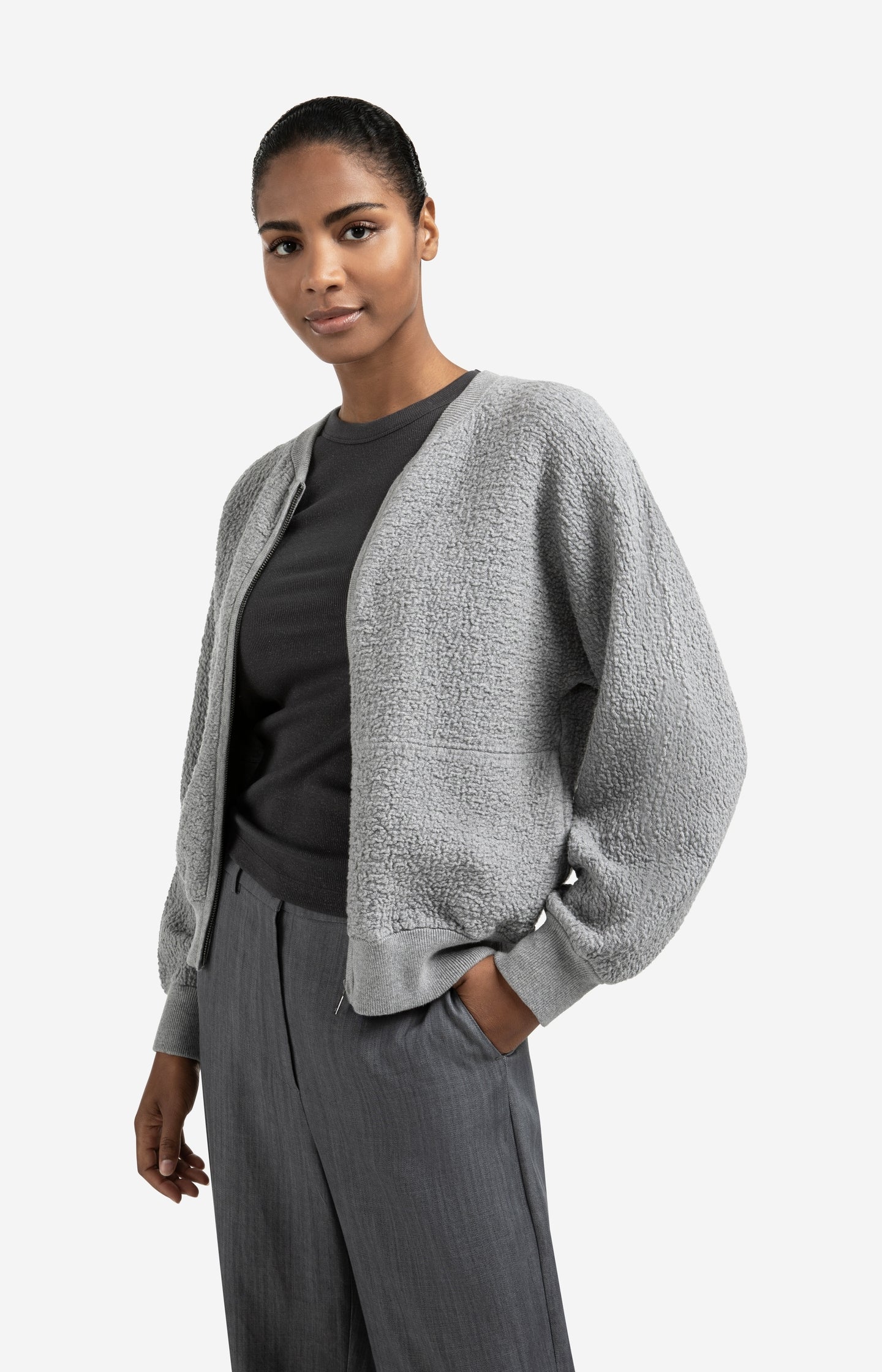 Textured knitted bomber with long sleeves