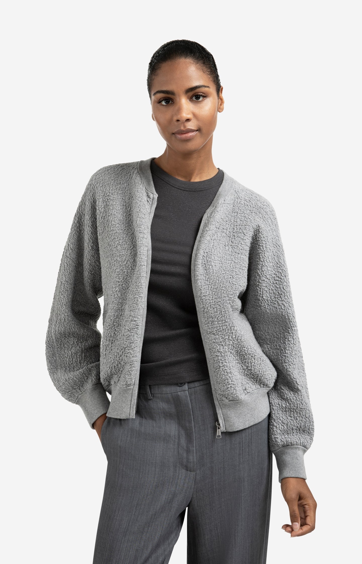 Textured knitted bomber with long sleeves