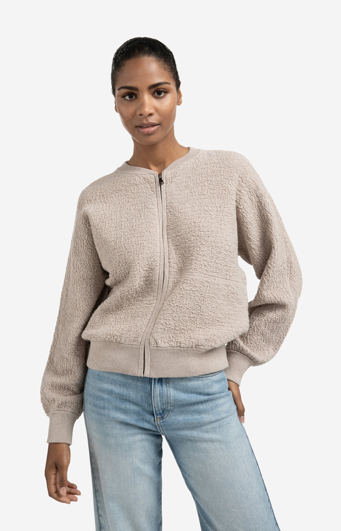 Textured knitted bomber with long sleeves - Type: lookbook