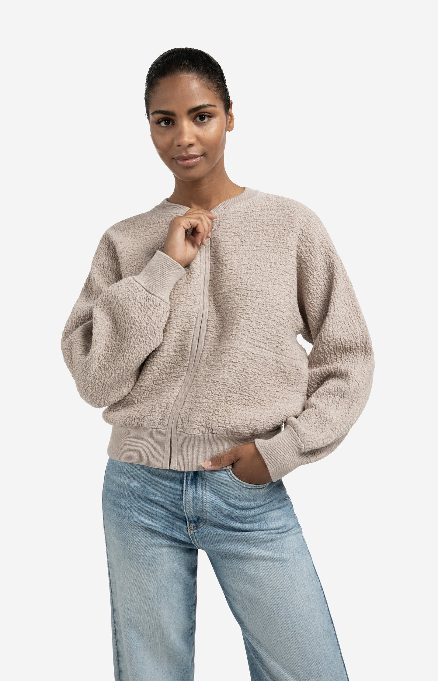 Textured knitted bomber with long sleeves