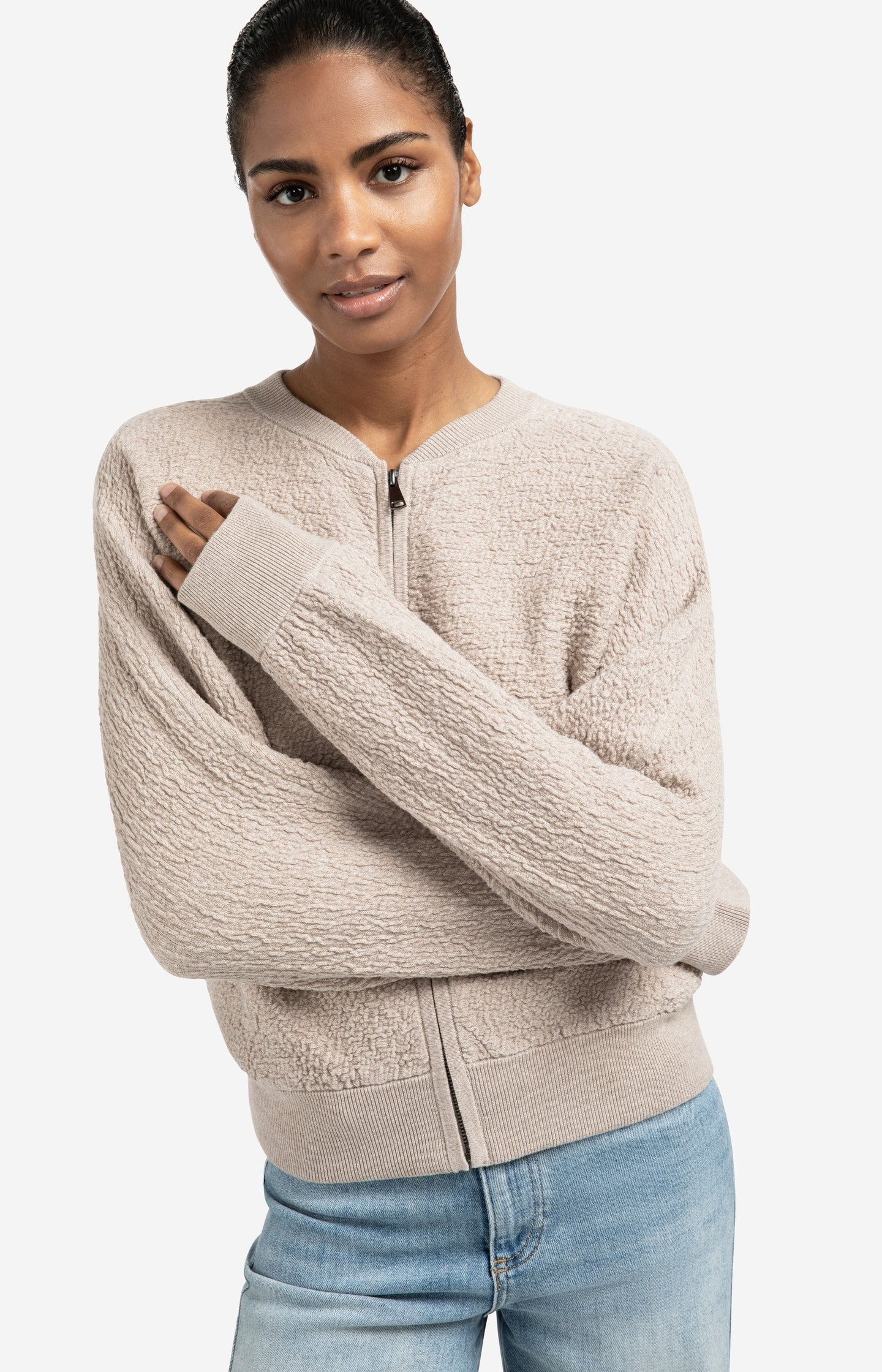 Textured knitted bomber with long sleeves