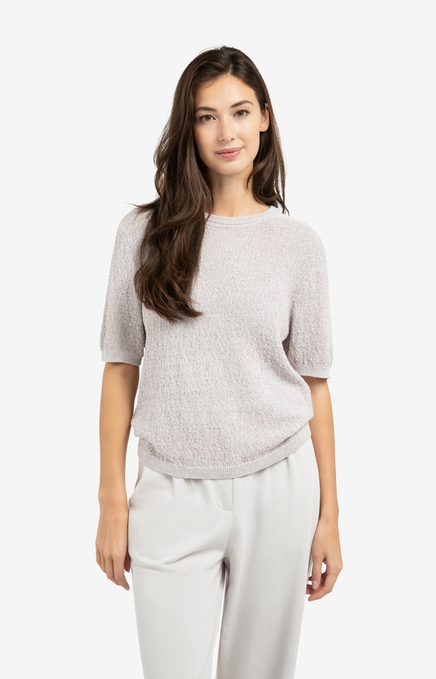 Textured knitted sweater with short sleeves