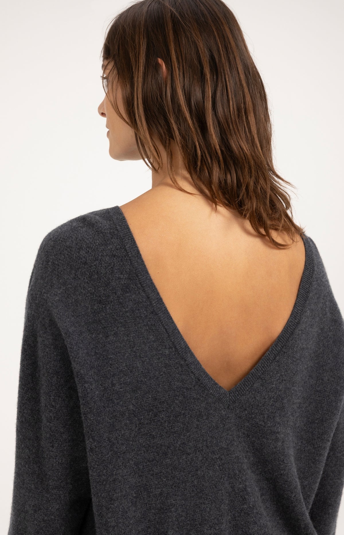 Textured sweater with deep V-neck at back - Dark Anthracite Melange