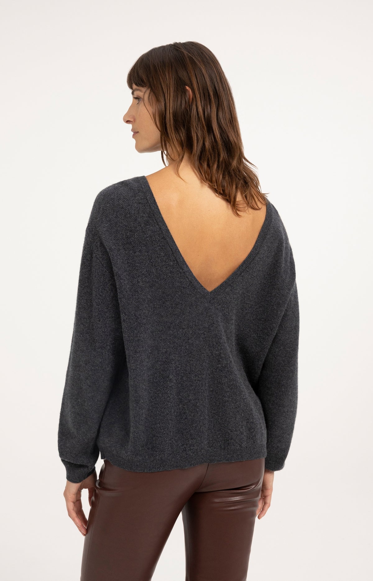 Textured sweater with deep V-neck at back - Dark Anthracite Melange