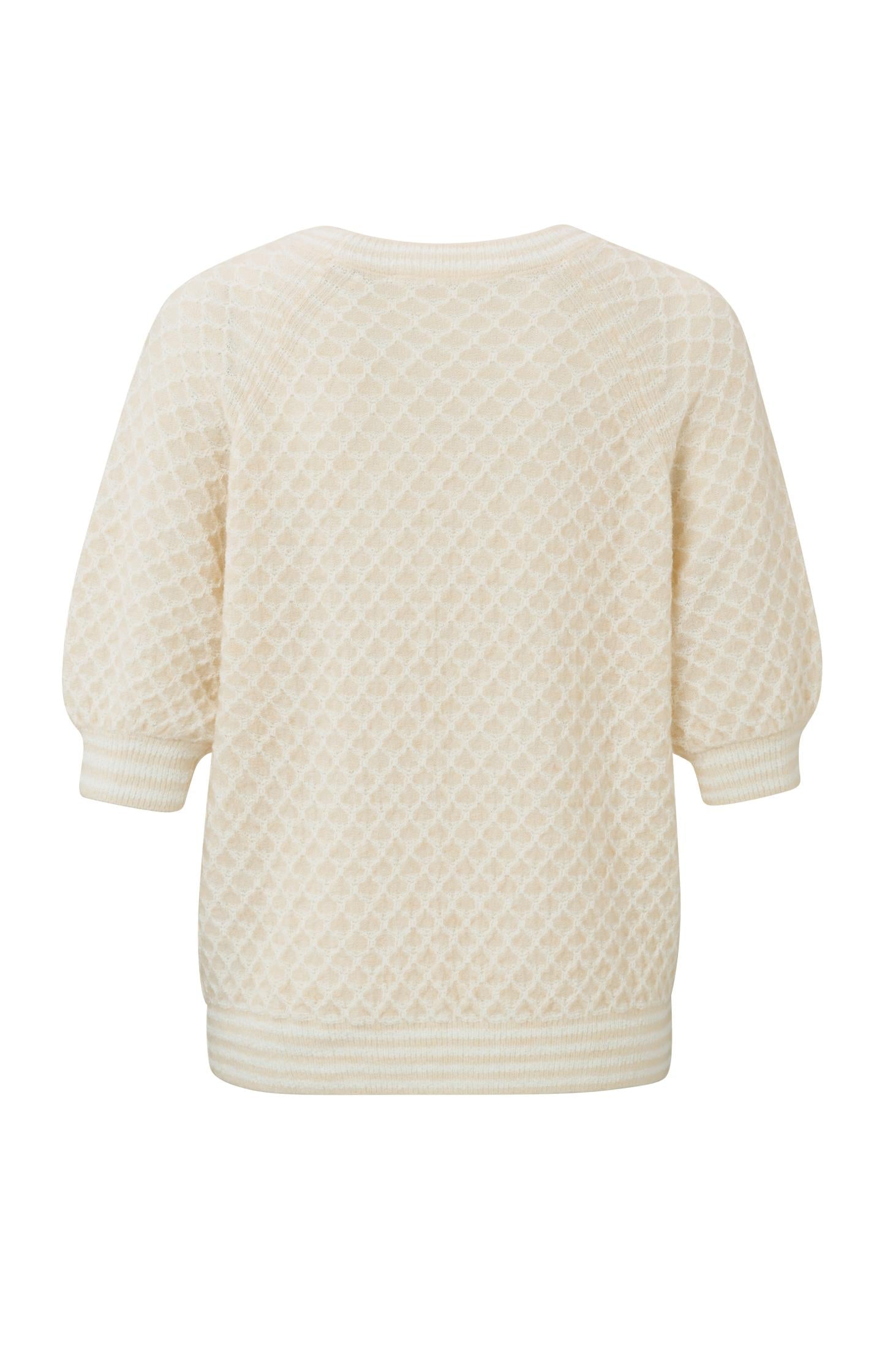 Textured sweater with round neck and short puffed sleeves