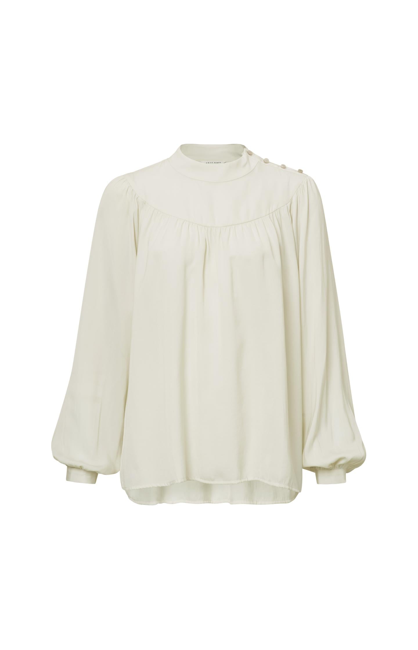 Top with high neck, long balloon sleeves and shoulder button - Type: product