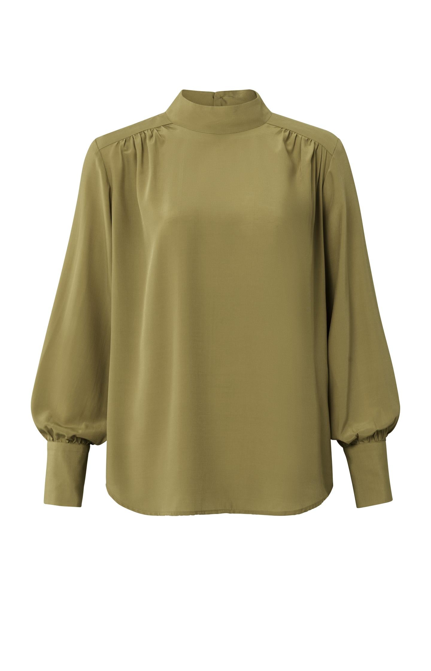 Top with high neck, long puffed sleeves and gathered details - Type: product