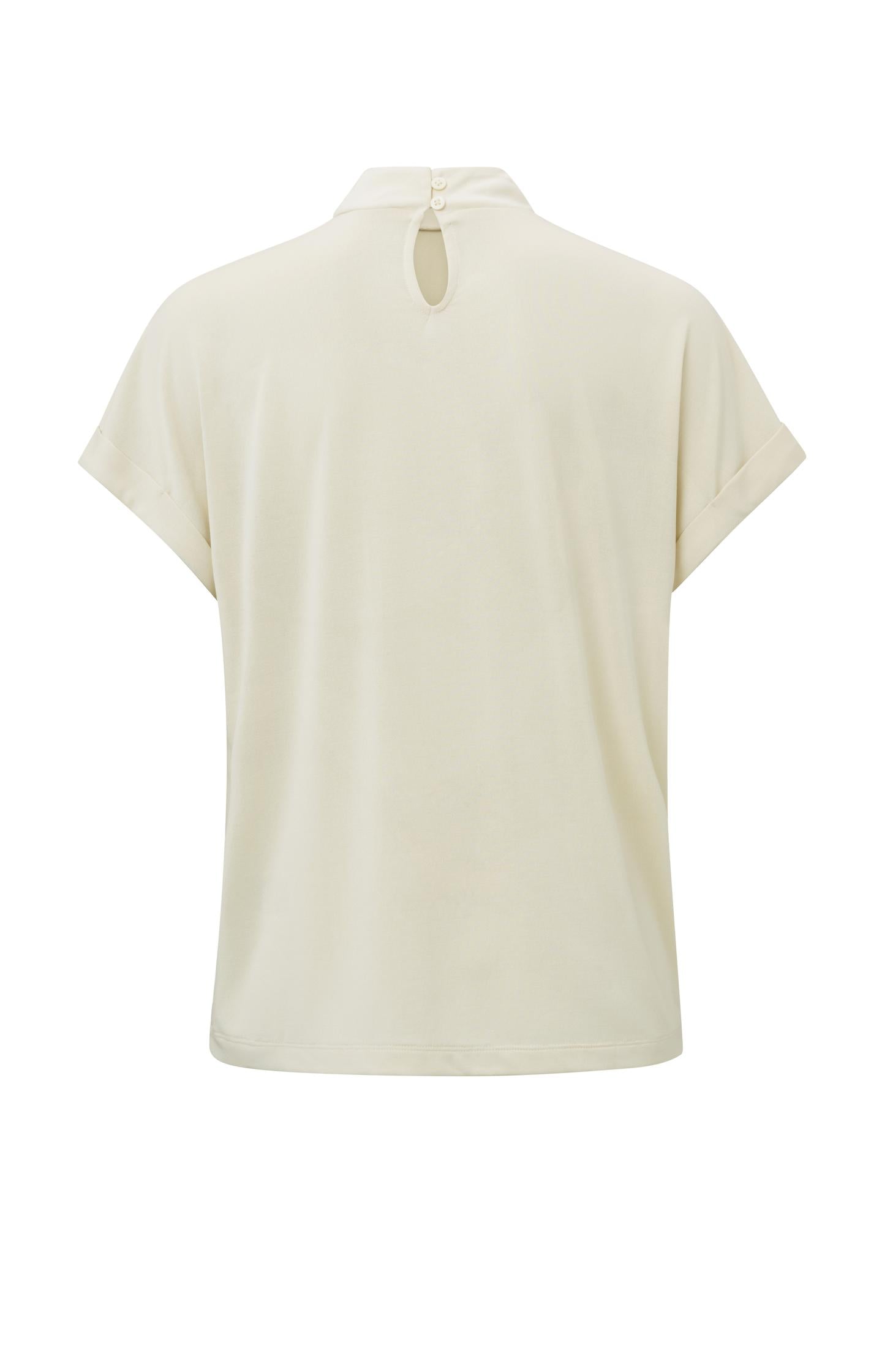 Top with high round neck, short sleeves and pleat detail