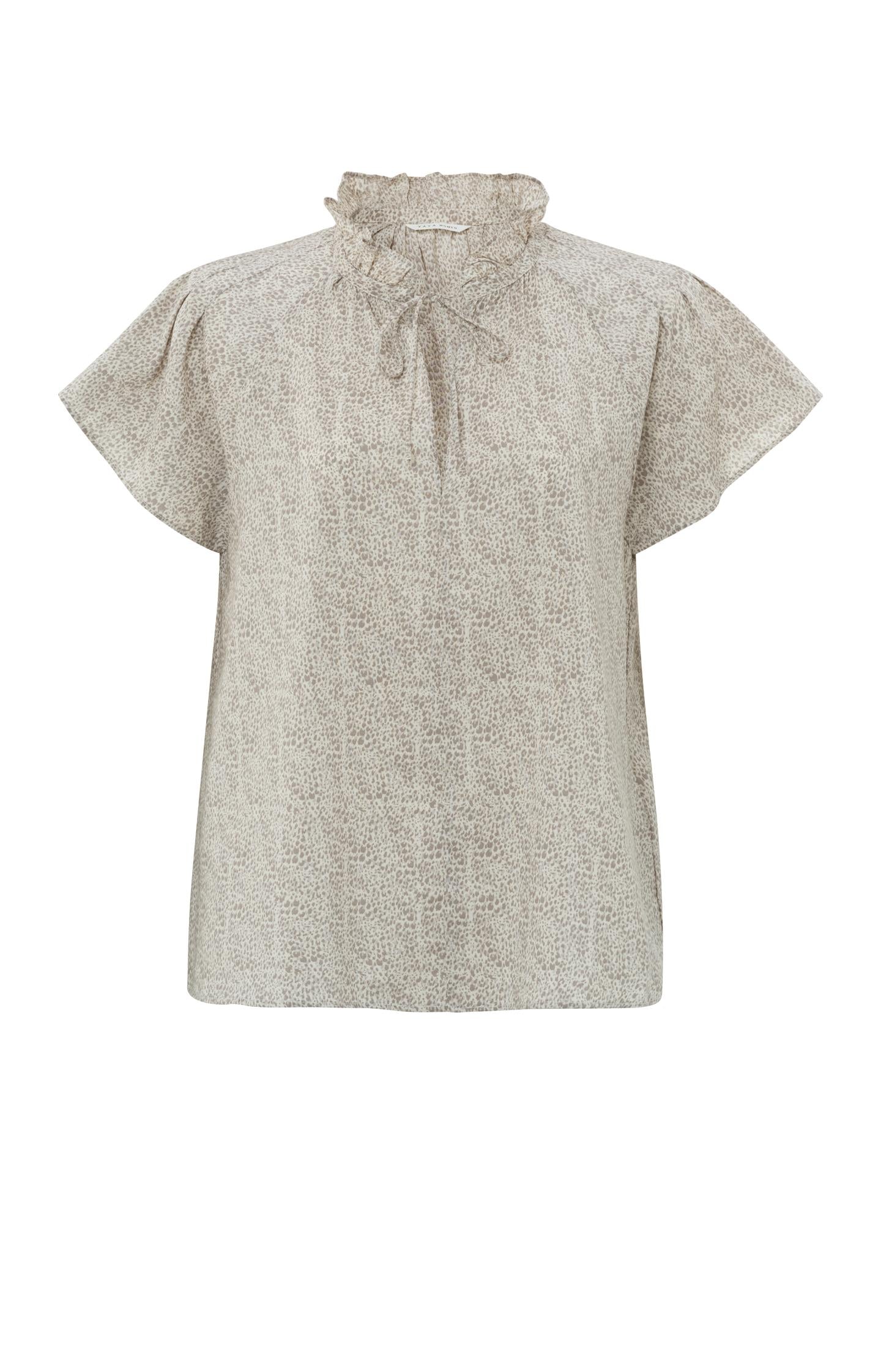 Top with high ruffled neck, short sleeves and print - Moonstruck Grey Dessin - Type: product