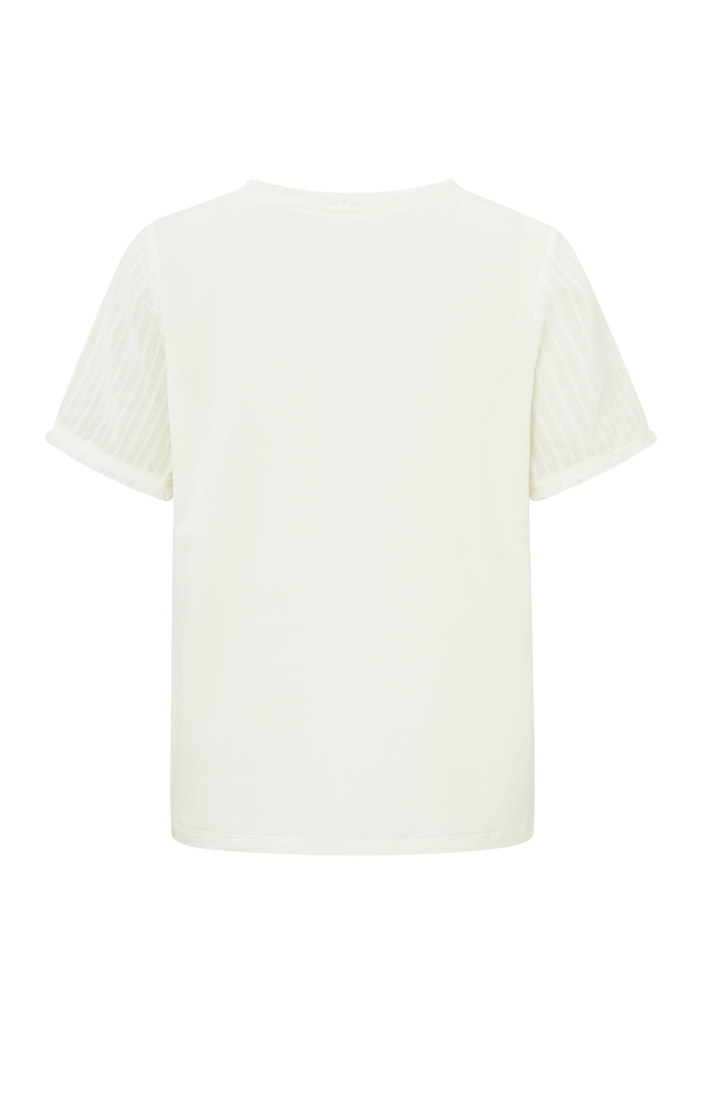 Top with round neck and short sleeves with fringes in cotton - Ivory White