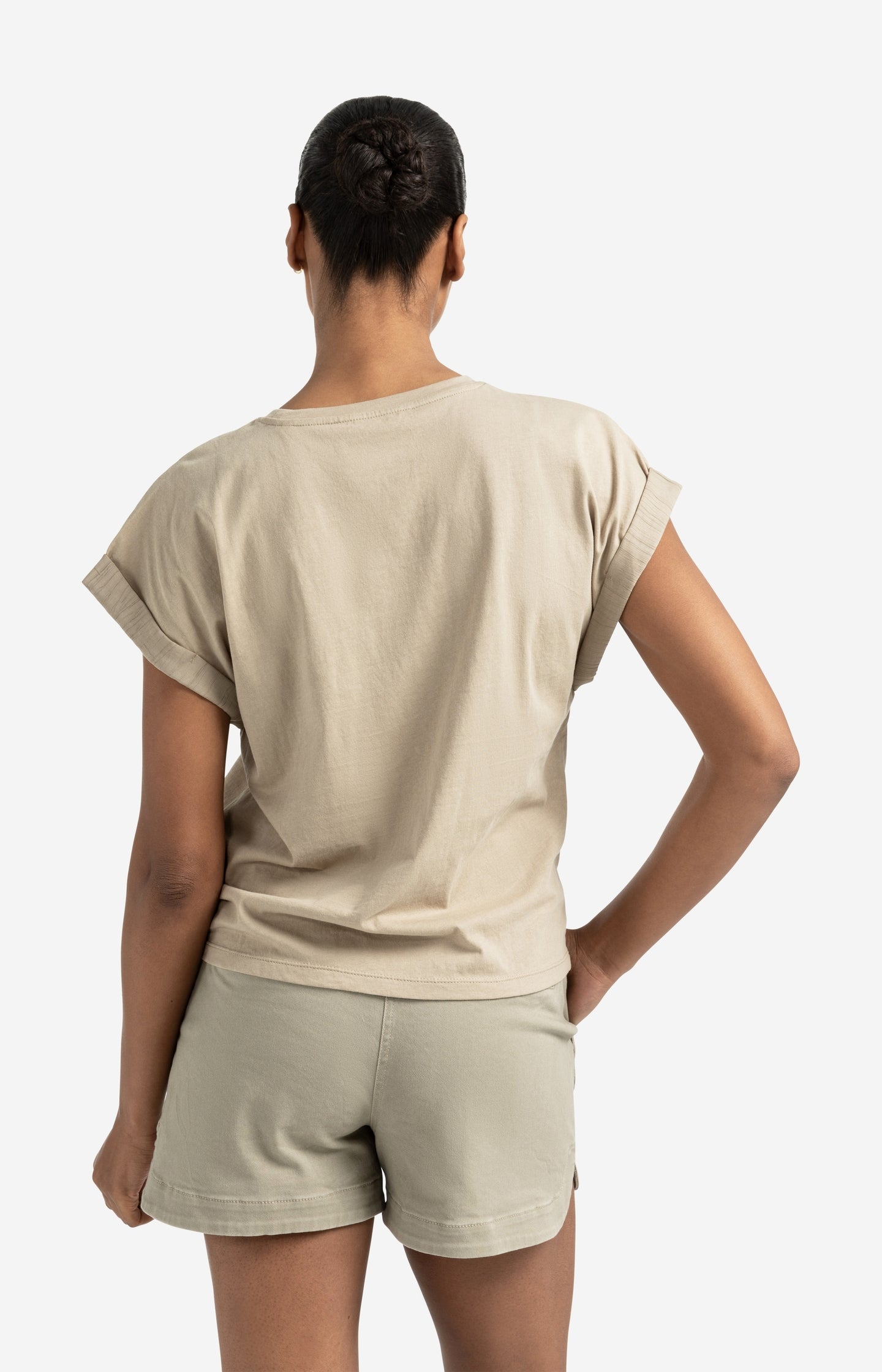 Top with round neck and woven cuff sleeves