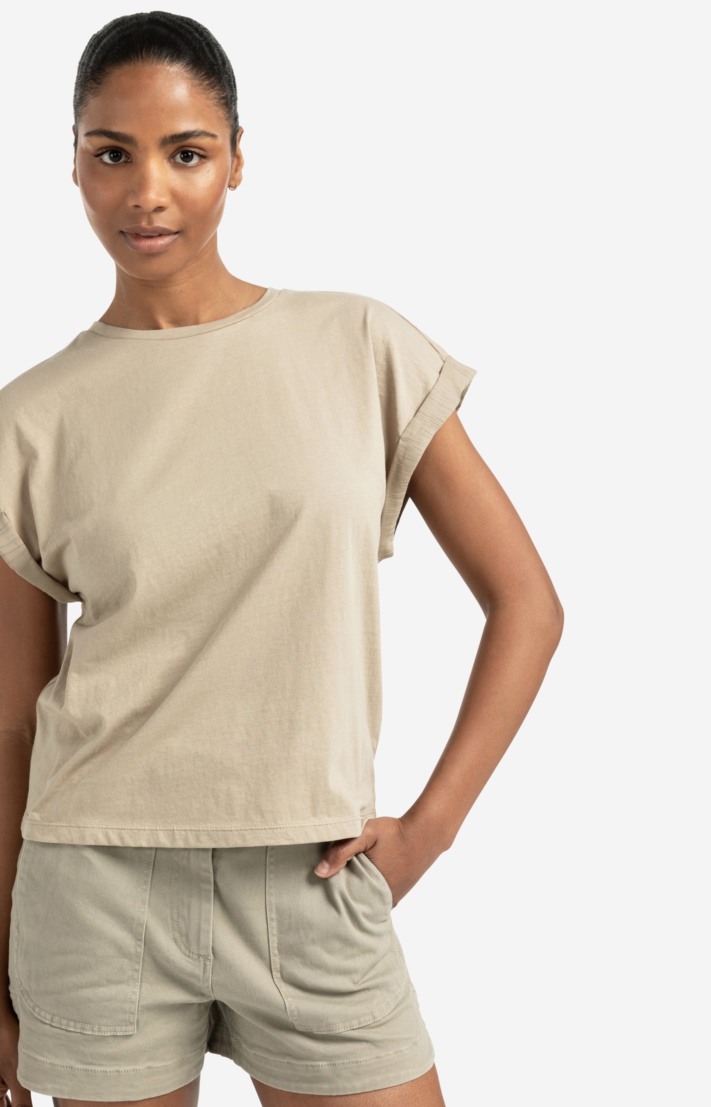 Top with round neck and woven cuff sleeves