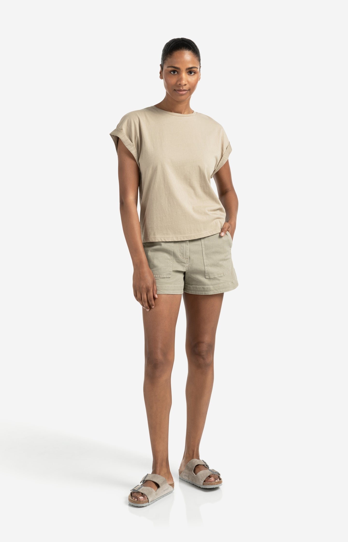 Top with round neck and woven cuff sleeves