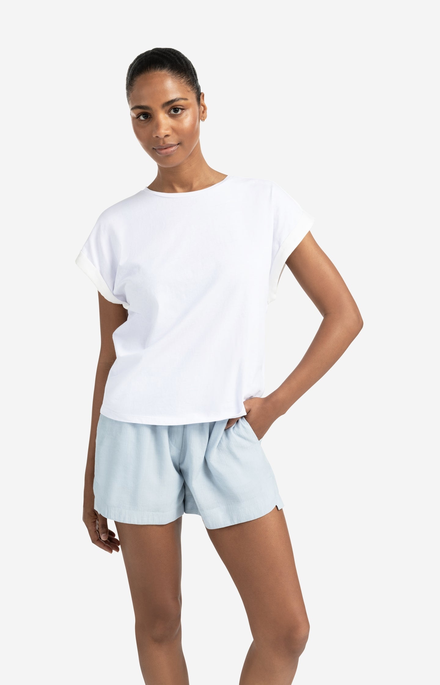 Top with round neck and woven cuff sleeves - Type: lookbook