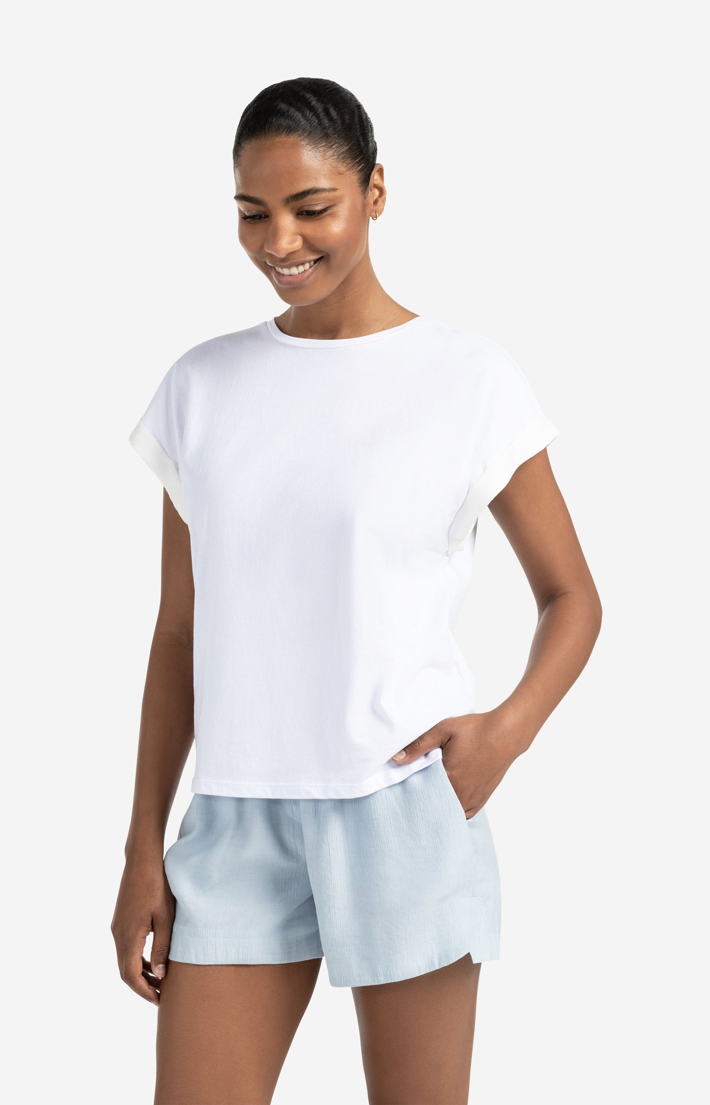 Top with round neck and woven cuff sleeves