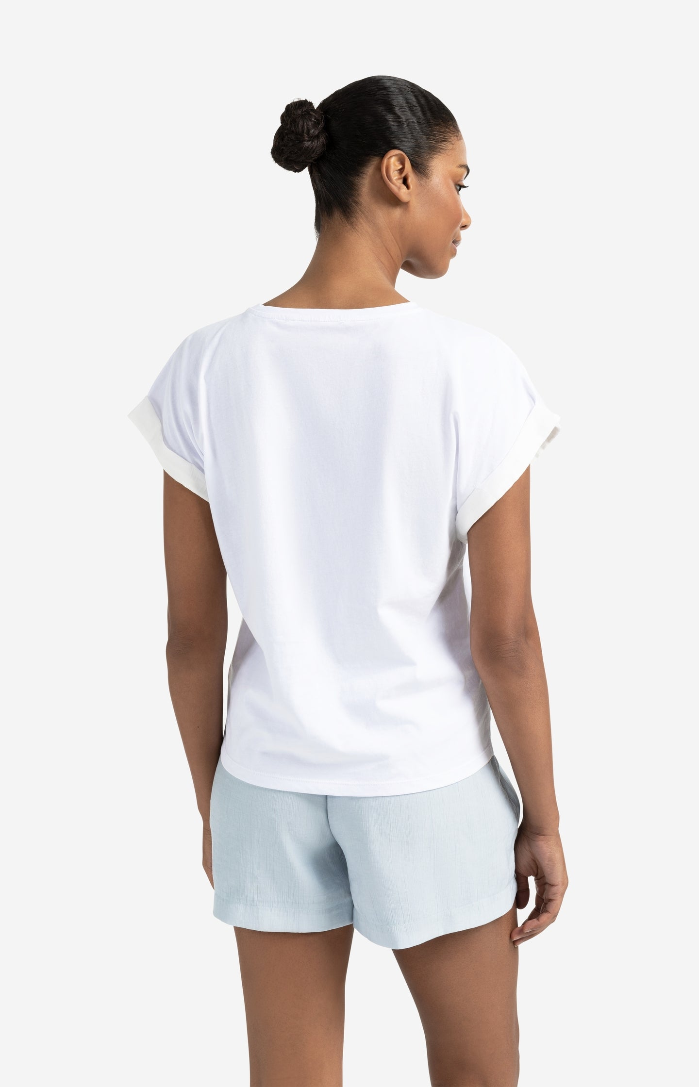 Top with round neck and woven cuff sleeves