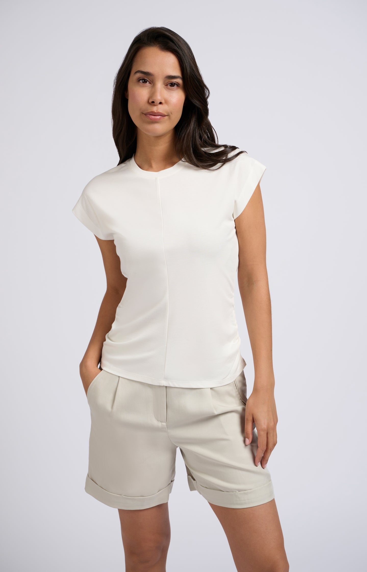 Top with round neck, cap sleeves and gathered seams - Blanc De Blanc White - Type: lookbook