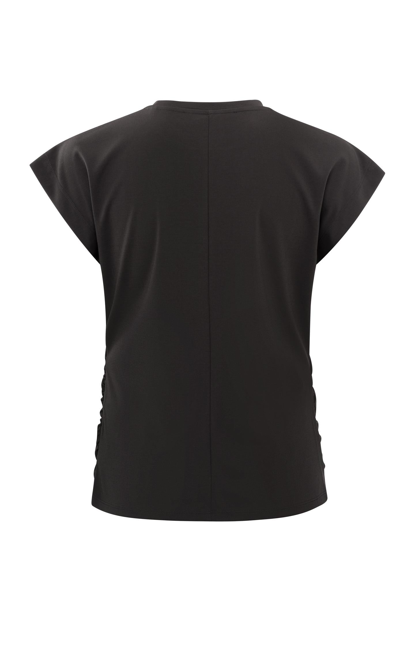 Top with round neck, cap sleeves and gathered seams - Licorice Black