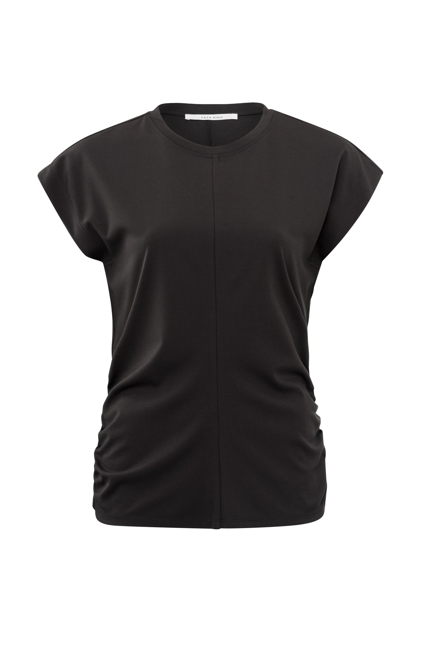 Top with round neck, cap sleeves and gathered seams - Licorice Black - Type: product