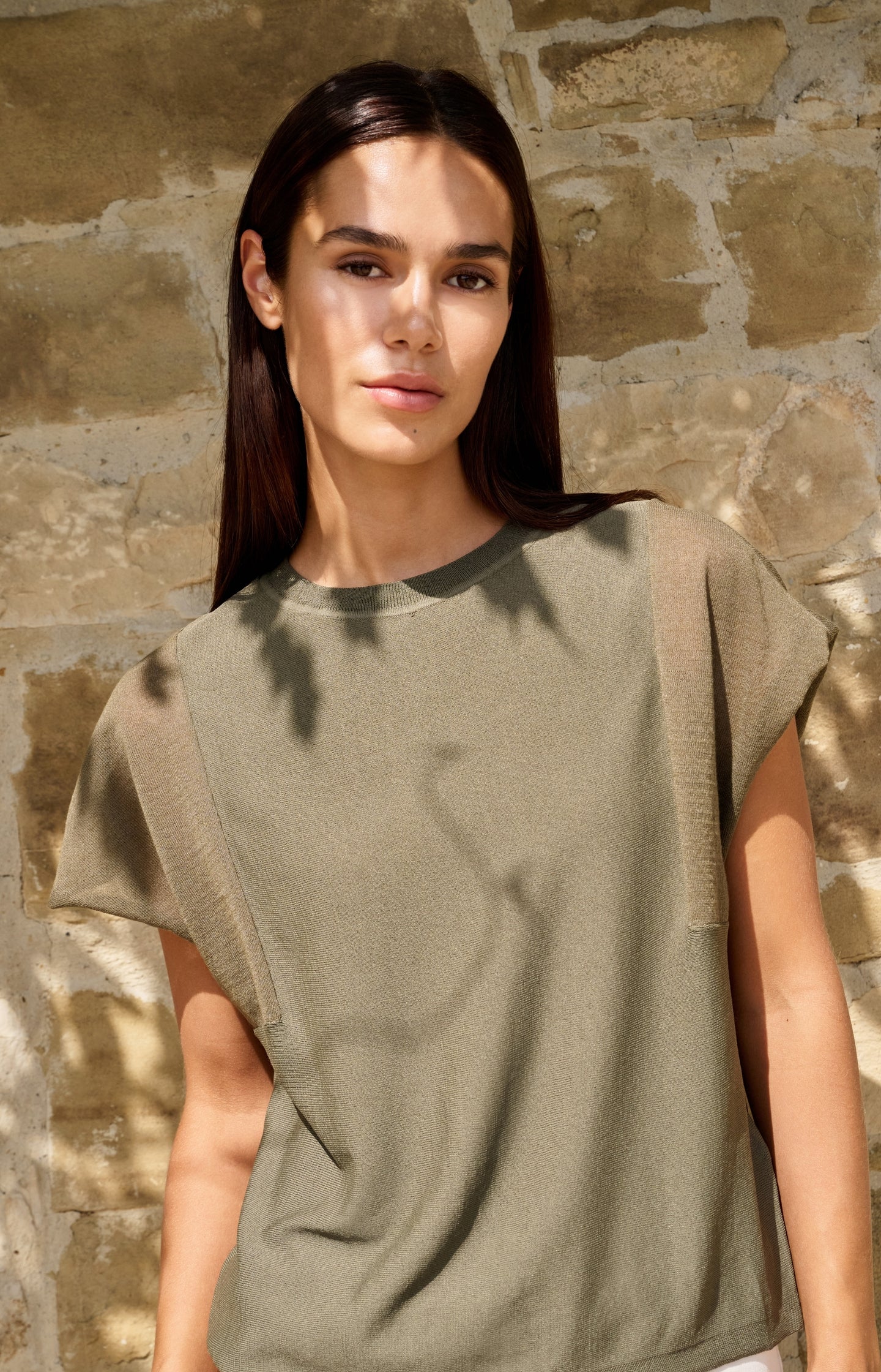 Top with sheer short sleeves and crew neck
