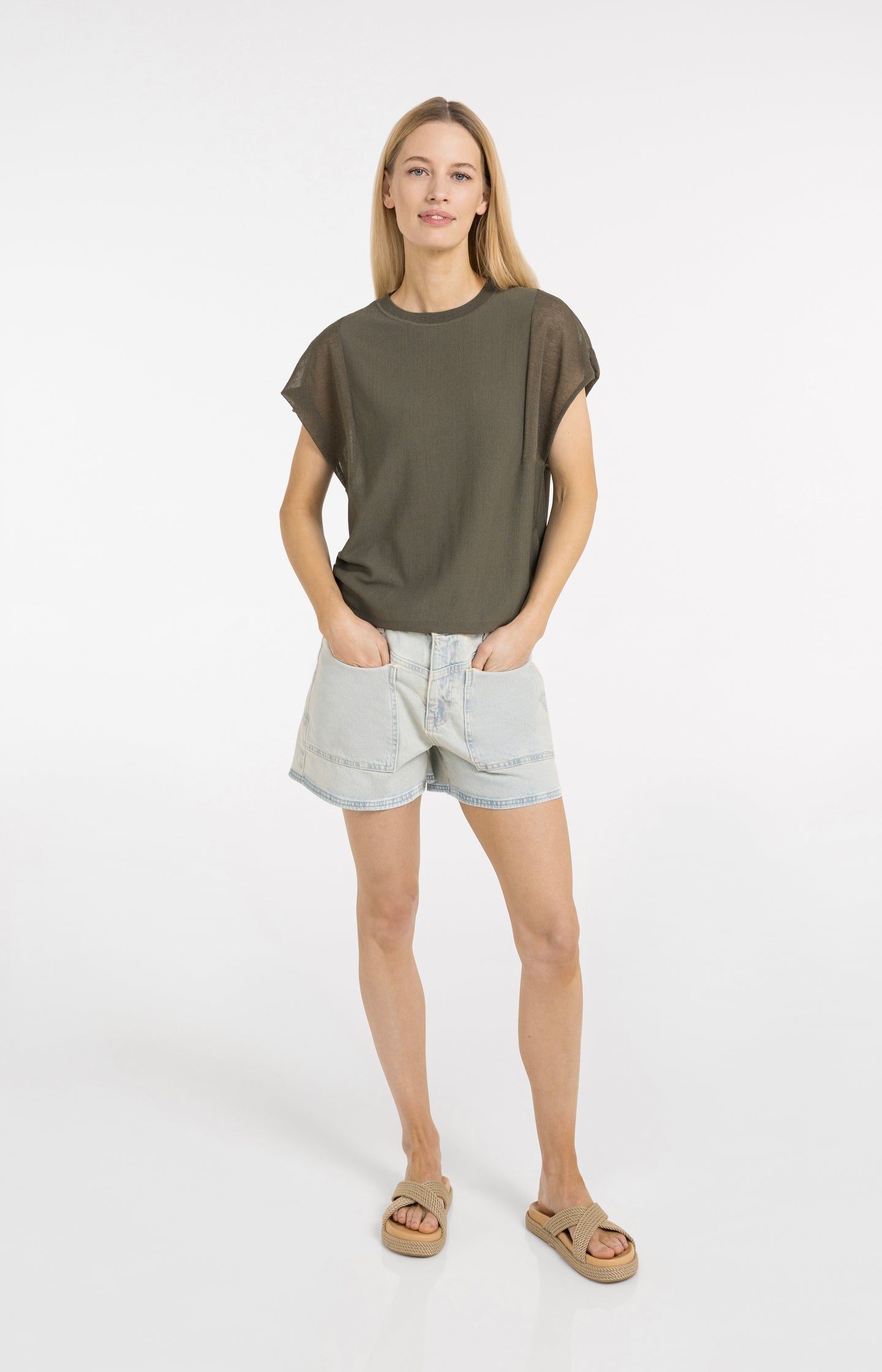Top with sheer short sleeves and crew neck