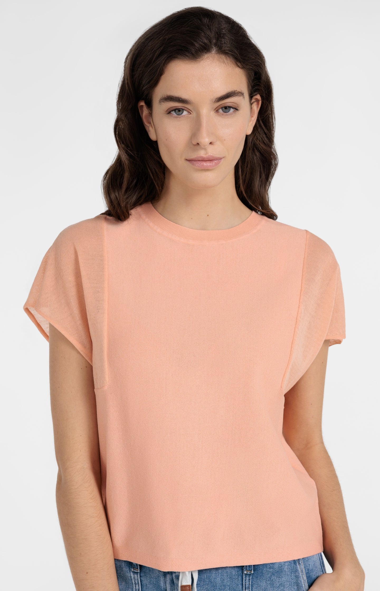 Top with sheer short sleeves and crew neck