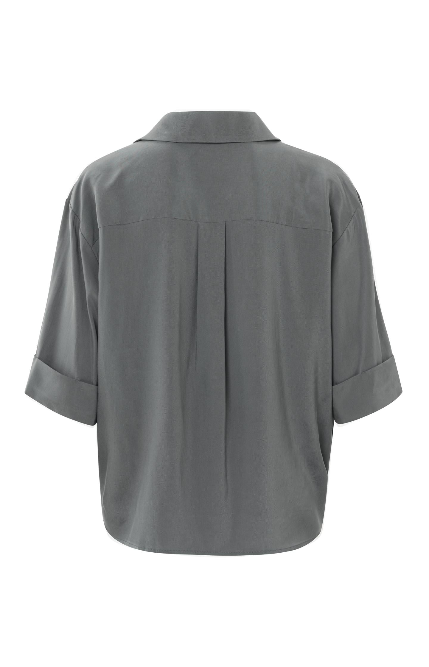 Top with V-neck, 3/4 length sleeves and draped details