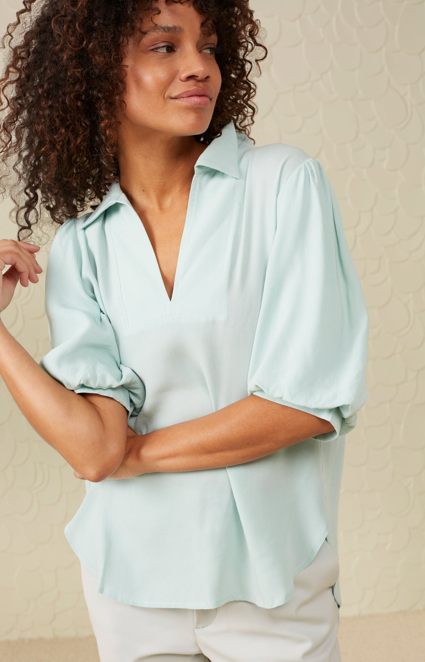 Top with V-neck, half puff sleeves and collar in supple fit - Type: lookbook