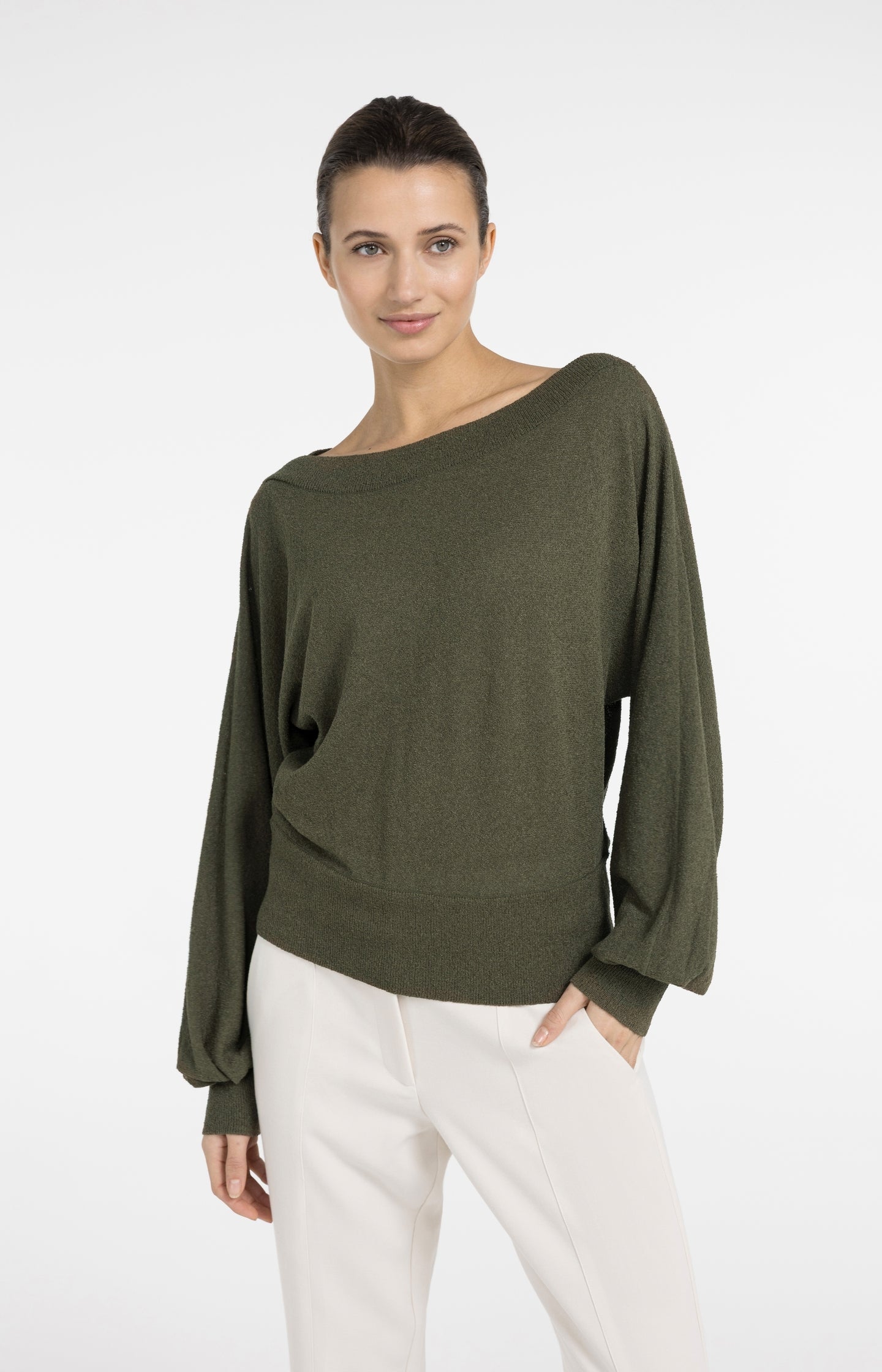 Towel knit sweater with boat neckline
