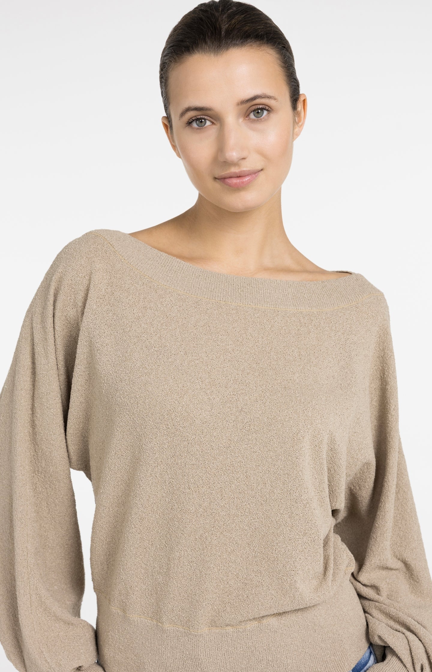 Towel knit sweater with boat neckline