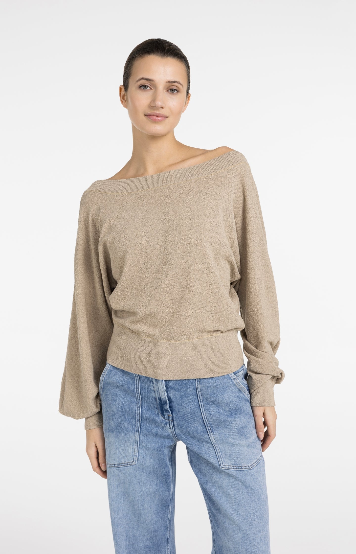 Towel knit sweater with boat neckline