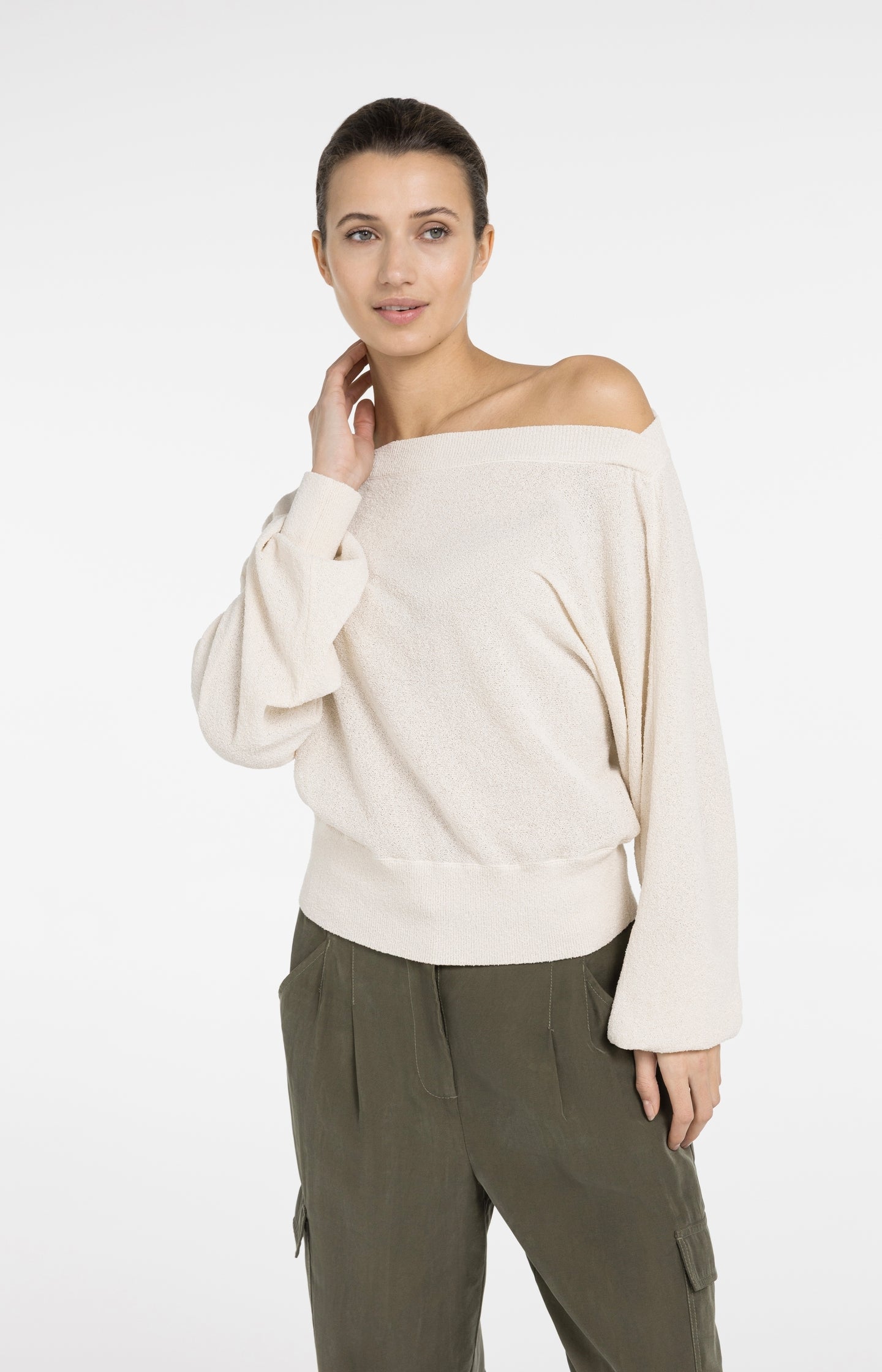 Towel knit sweater with boat neckline