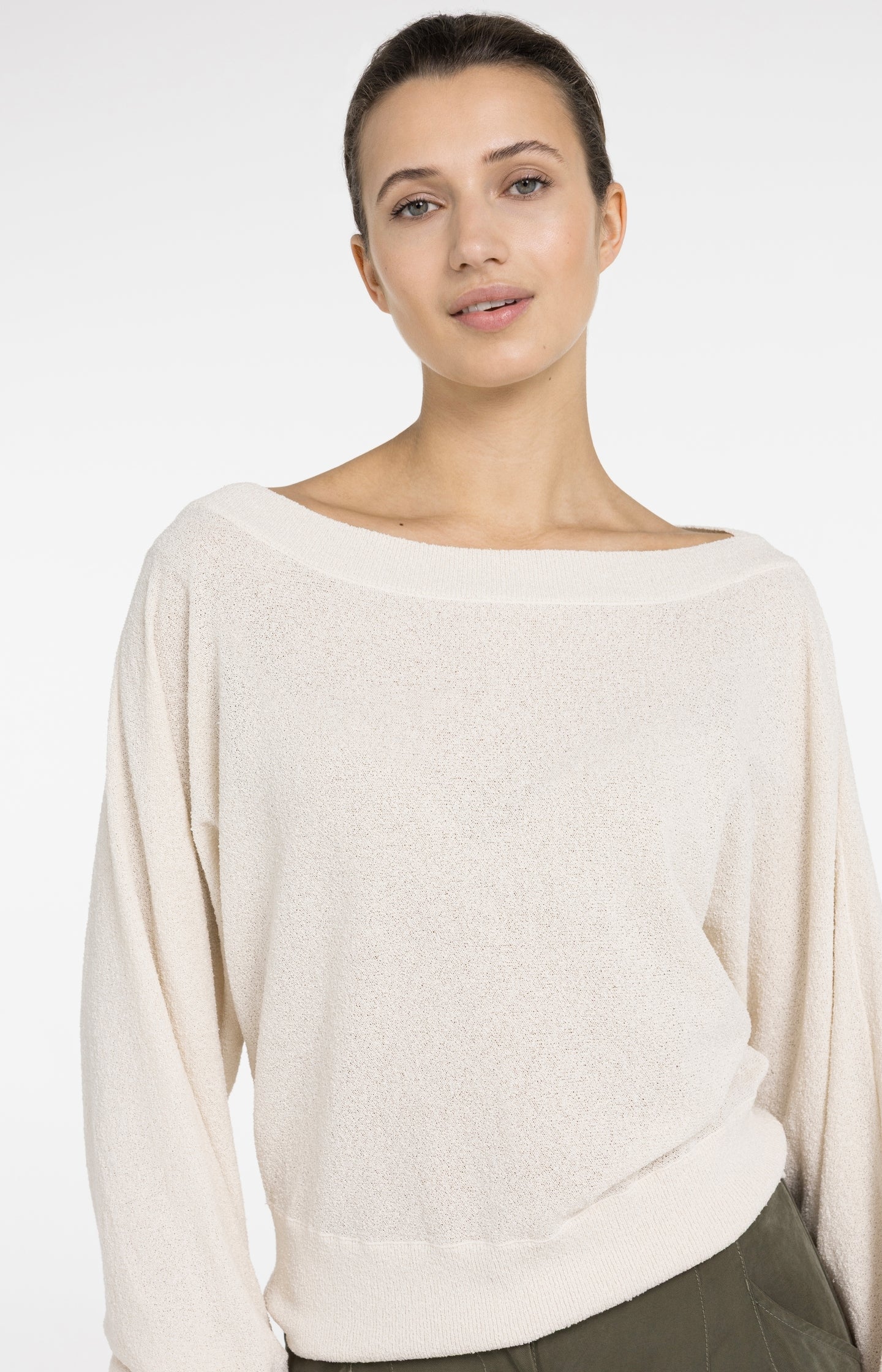 Towel knit sweater with boat neckline