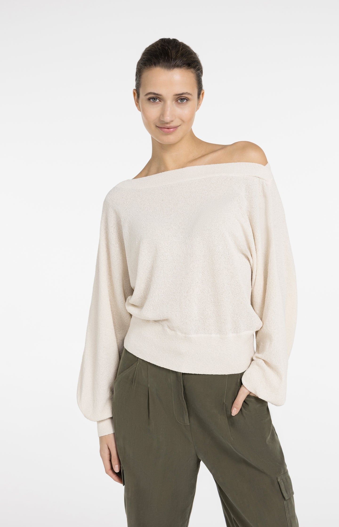 Towel knit sweater with boat neckline
