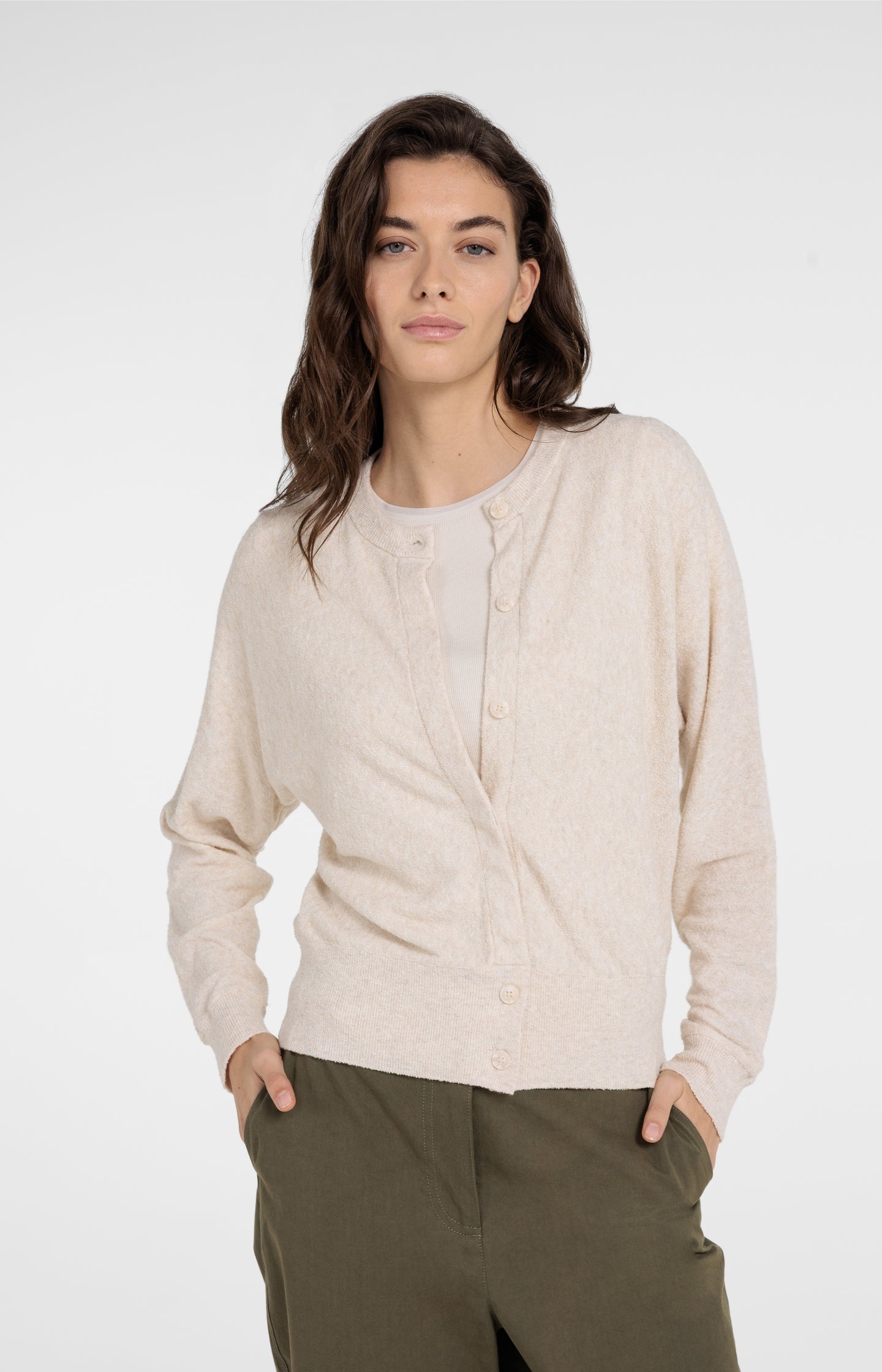 Towel-textured knit cardigan with long sleeves