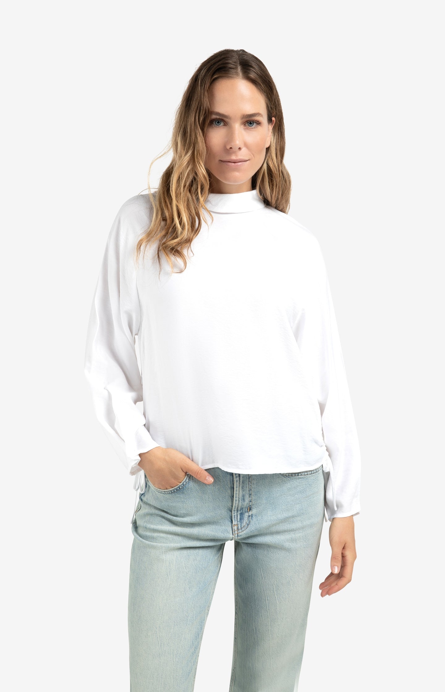 Turtleneck top with side drawstrings and long sleeves