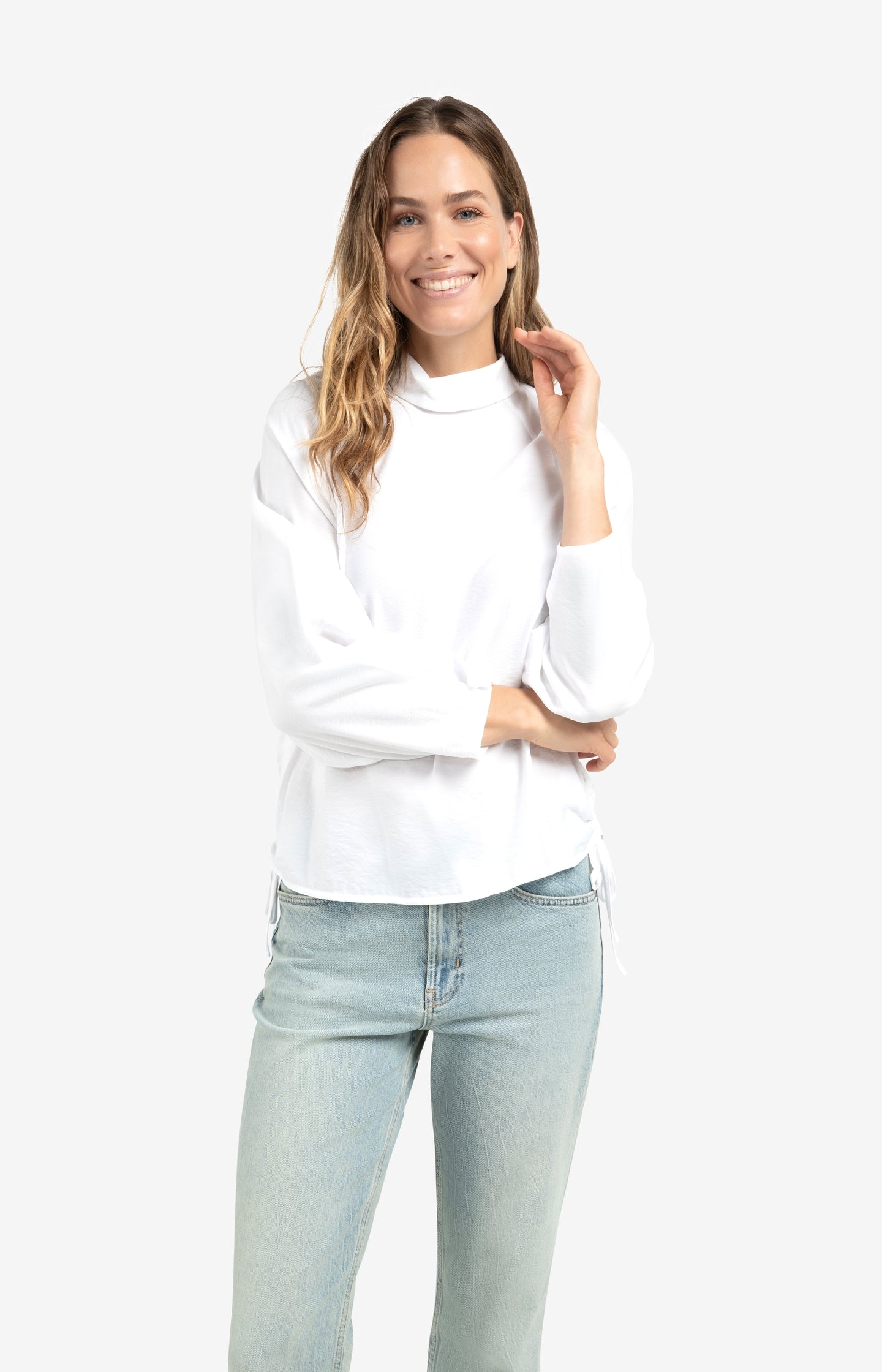 Turtleneck top with side drawstrings and long sleeves