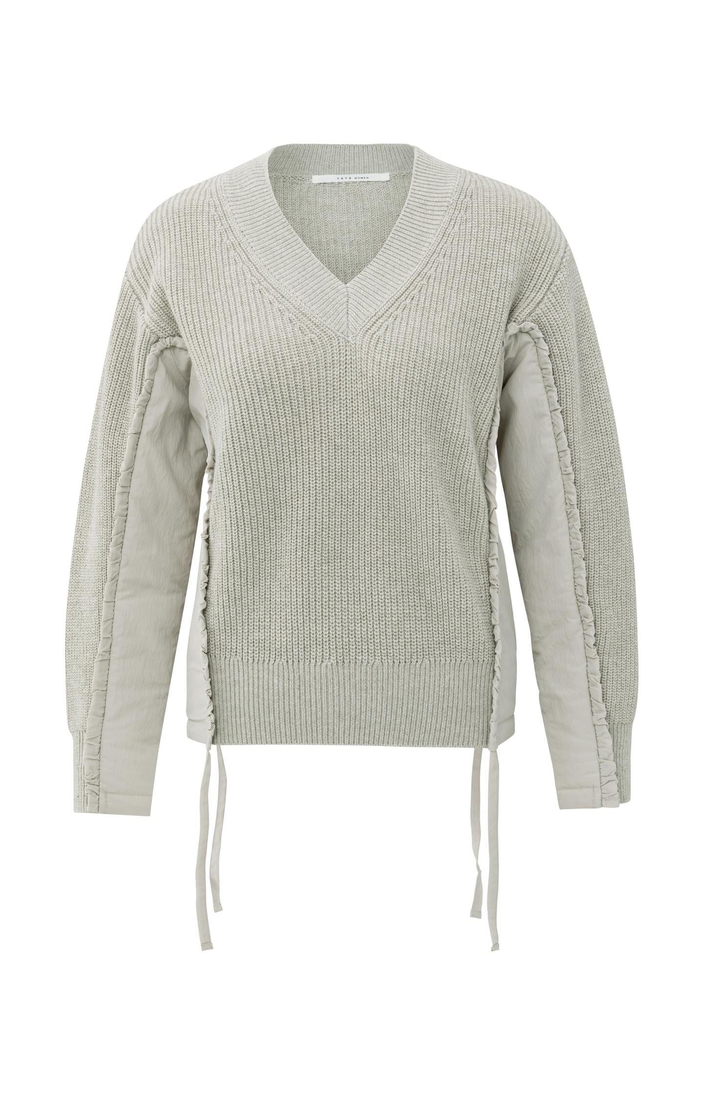 V-neck sweater with woven insert details and tie accents - Type: product