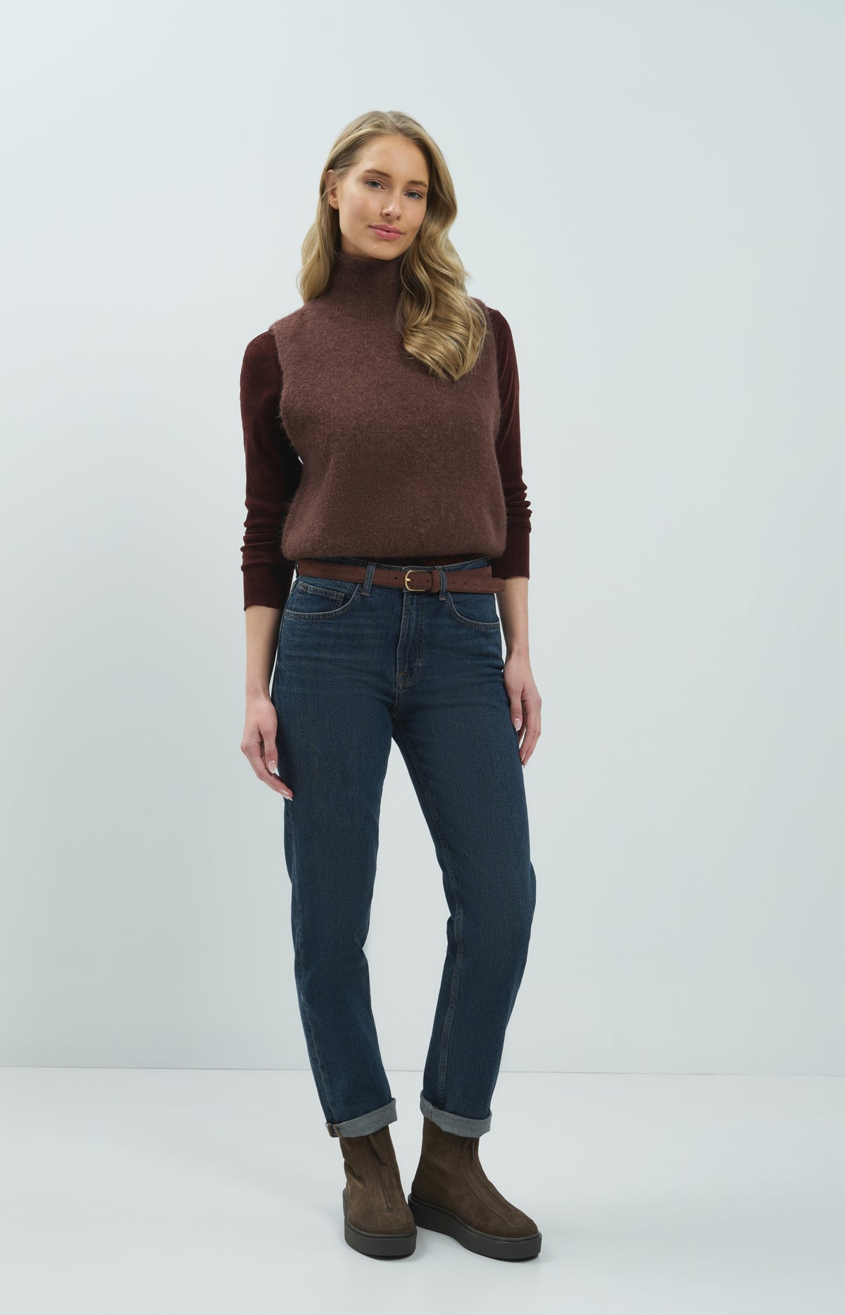 Velvet mesh top with high neck and long sleeves - Bitter Chocolate Red