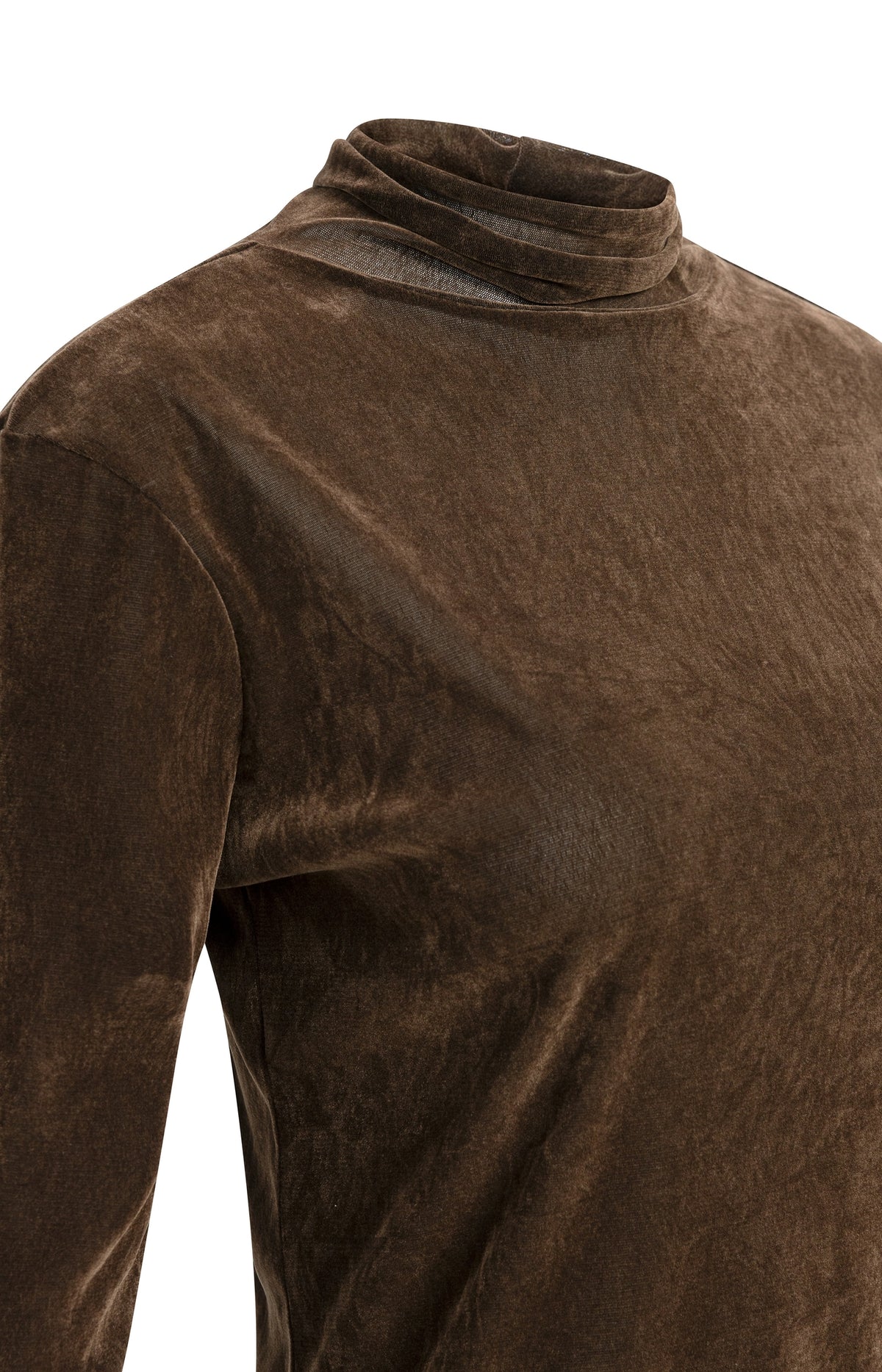 Velvet mesh top with high neck and long sleeves - Brown