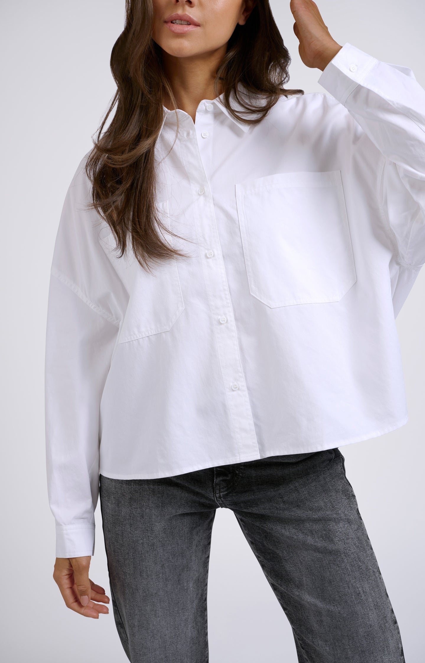 White blouse with batwing sleeves, buttons and chest pockets - Pure White - Type: lookbook