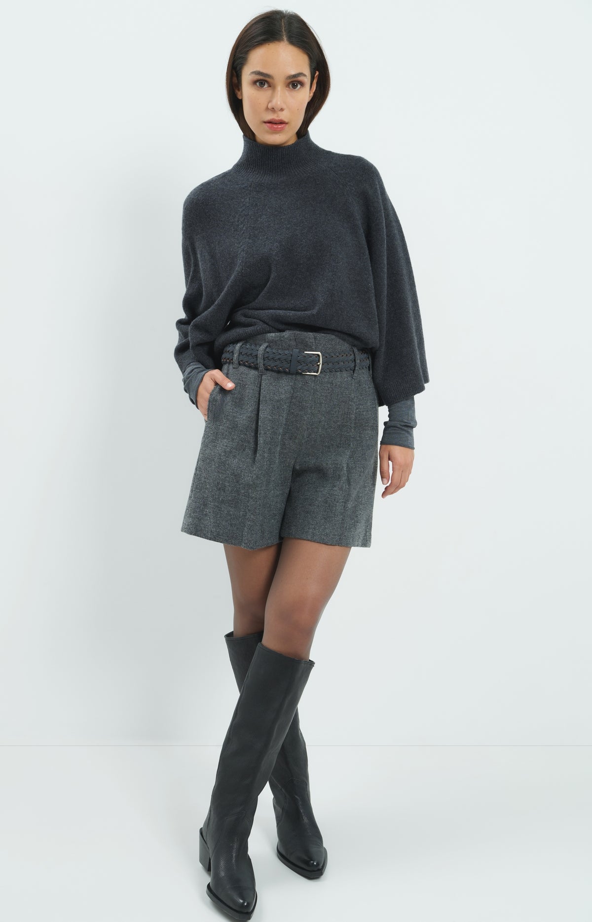 Wide sleeve sweater with high neckline - Dark Anthracite Melange