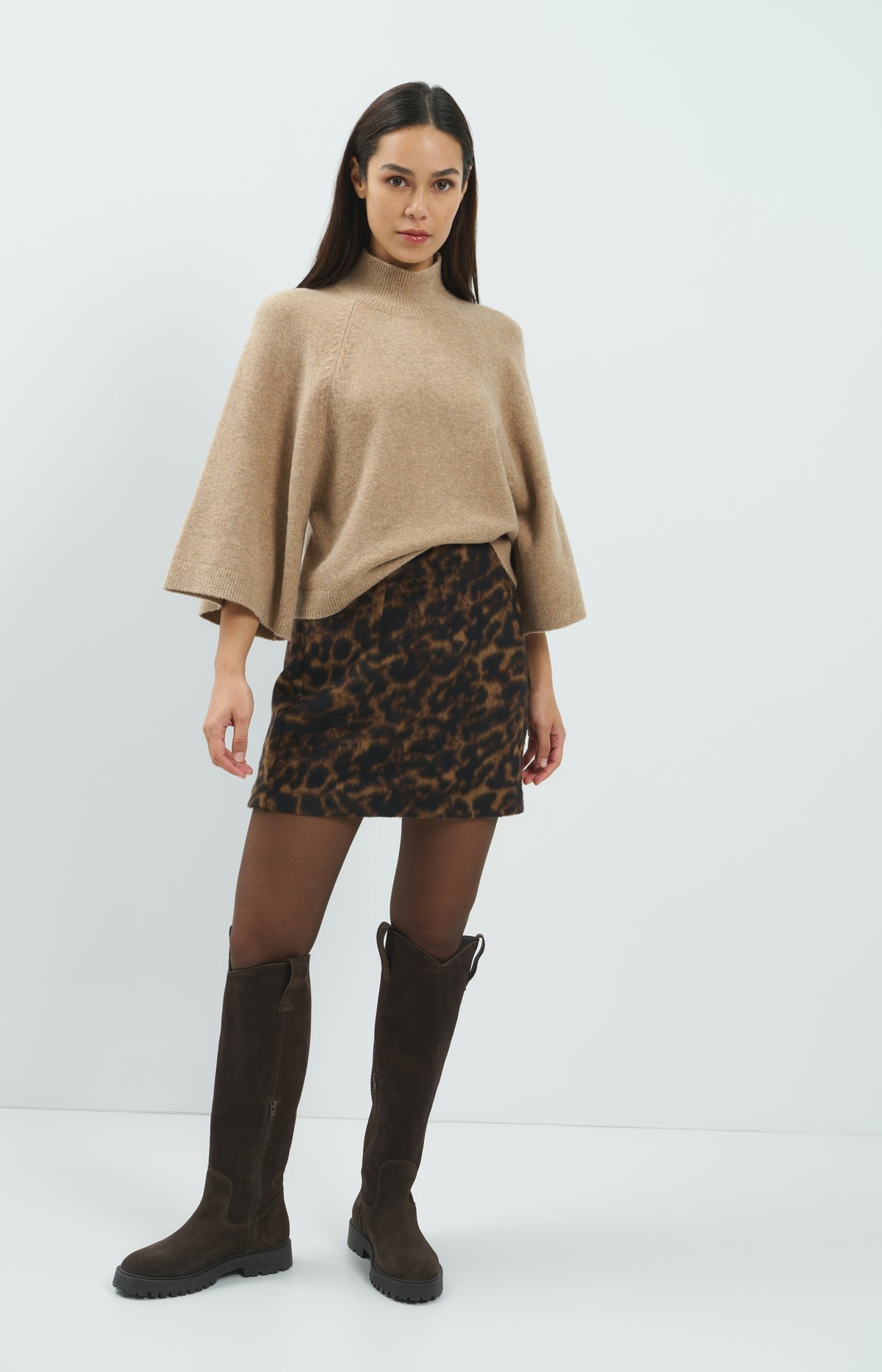 Pullover mit weiten Ärmeln und hohem Kragen - Dark Beige Melange