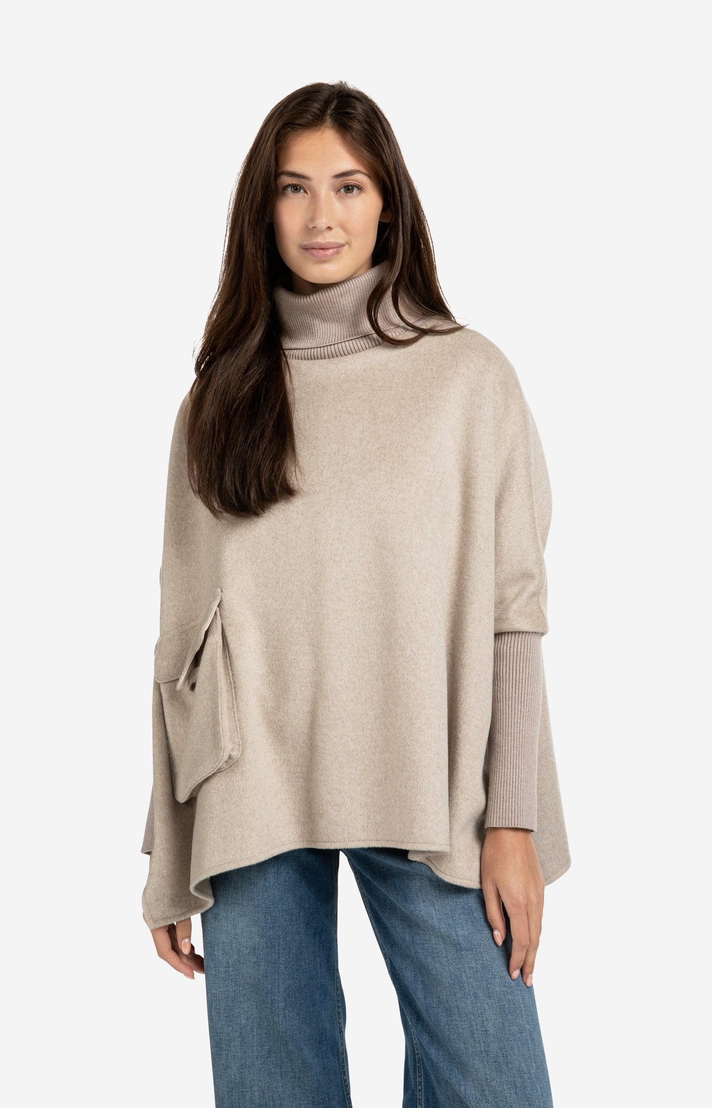 Wool blend poncho with turtleneck and flap pocket